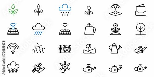 Modern agriculture technology icons showcasing growth, weather, and smart farming innovations
