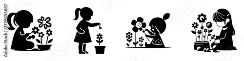Modern Minimalist Girl Playing with Toy Flower Set Icon, Flat Silhouette of a Childhood Fun Vector for Garden Illustration Design
