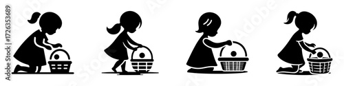 Modern Minimalist Girl Playing with Toy Basket Icon, Flat Silhouette of a Childhood Fun Vector for Playtime Illustration Design