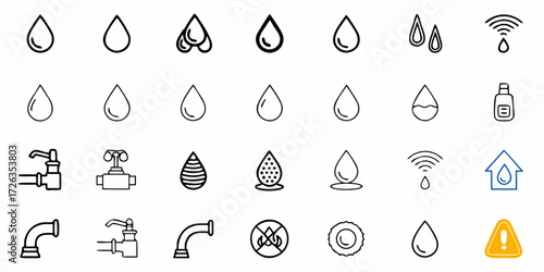 Collection of modern line icons representing water drops, faucets, pipes, and safety symbols for fluid management and conservation