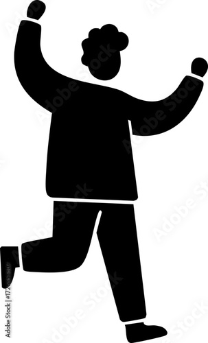 A black silhouette of a joyful person with curly hair runs with arms raised against a plain white background, conveying happiness and energy.
