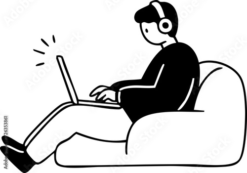 Digital art: a person wearing headphones sits on a beanbag chair, using a laptop with a glowing screen, isolated on white.
