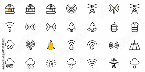 Collection of modern icons representing connectivity, weather, and essential services for technology and lifestyle themes
