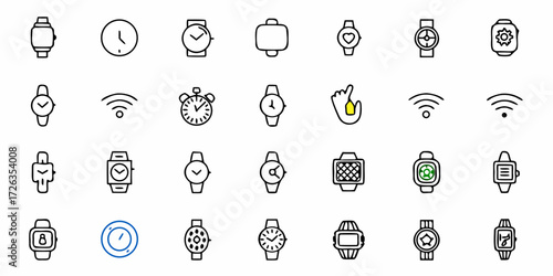 Diverse collection of watch and timekeeping icons featuring smartwatches, analog timepieces, and alarm clocks for modern design needs.