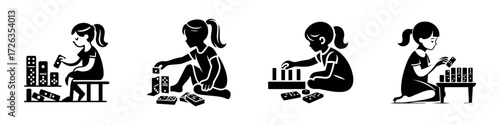 Modern Minimalist Girl Playing with Toy Dominoes Icon, Flat Silhouette of a Childhood Fun Vector for Game Illustration Design