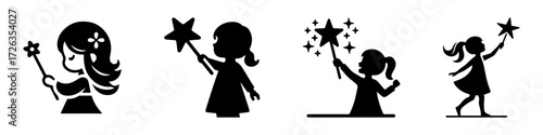 Modern Minimalist Girl Playing with Toy Star Wand Icon, Flat Silhouette of a Childhood Fun Vector for Fantasy Illustration Design