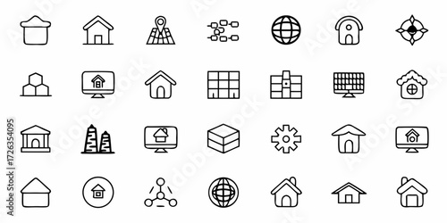 Discover modern building icons, home symbols, and global connection graphics for innovative projects and digital solutions.