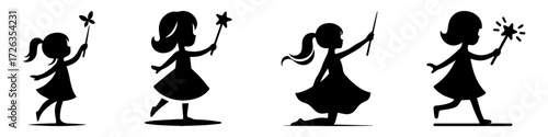 Modern Minimalist Girl Playing With Toy Magic Wand Icon, Flat Silhouette of a Child Pretend Play Vector for Kids Activity Illustration Design