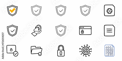 Digital security and data protection icons including shields locks and verified documents for modern business solutions