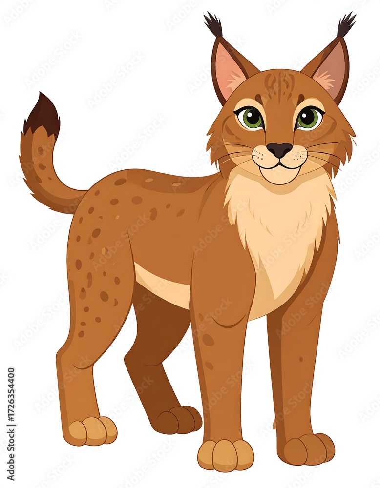 Fototapeta premium A cheerful lynx, brown with spots, stands against a white background