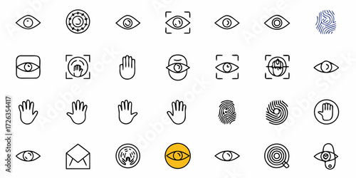 Modern icons represent eye scanning, fingerprint identification, and hand gestures for security and access