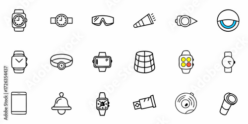 Collection of modern icons depicting watches, gadgets, and communication devices, perfect for technology and lifestyle concepts.