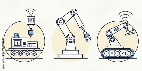 Modern industrial robots and automation machines in a clean, innovative manufacturing workflow