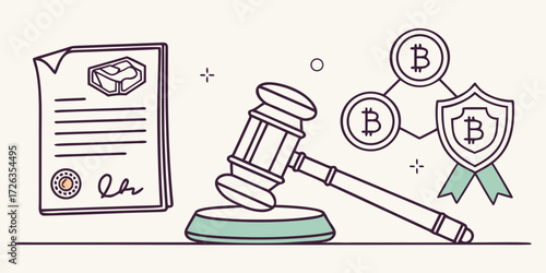 Securing digital assets with legal documents, a gavel, and Bitcoin symbols for cryptocurrency compliance