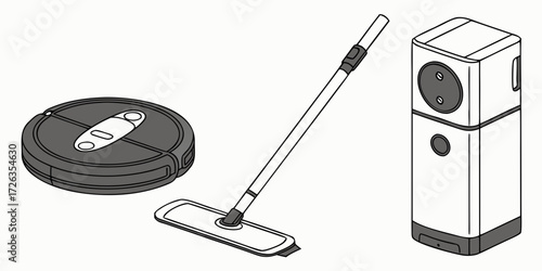 Modern home cleaning tools including robot vacuum, mop, and smart device for effortless cleanliness