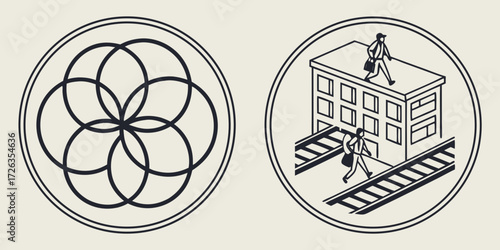 Modern business professionals commuting to work in a stylized city, conveying progress and urban life.