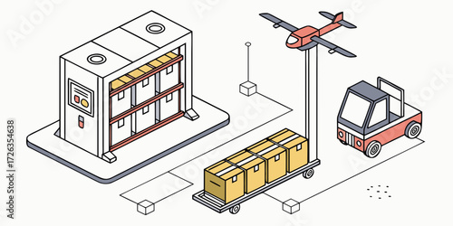 Modern logistics concept with drone, forklift, and warehouse system delivering packages efficiently