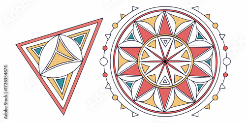 Elegant geometric mandala and triangle patterns in vibrant coral yellow and teal evoke harmony and modern design