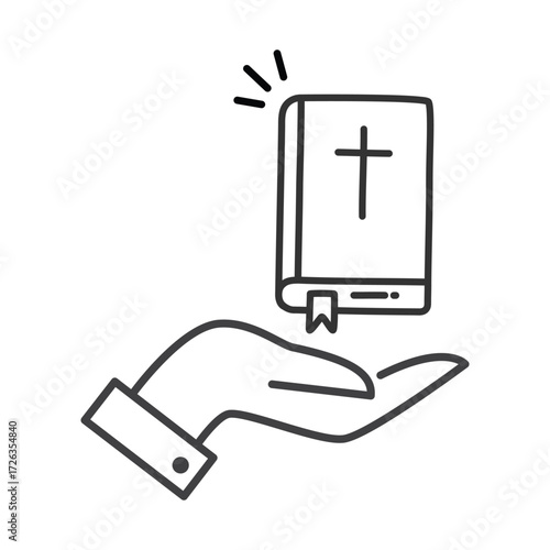 Outline the holy bible on palm hand icon isolated flat style design.