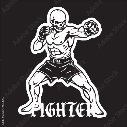 a vector illustration of Skull Head with fighting style thai boxing muangthai