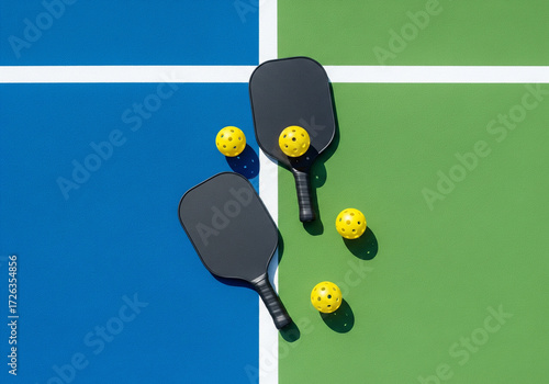 Black pickleball paddles and balls on a blue and green court