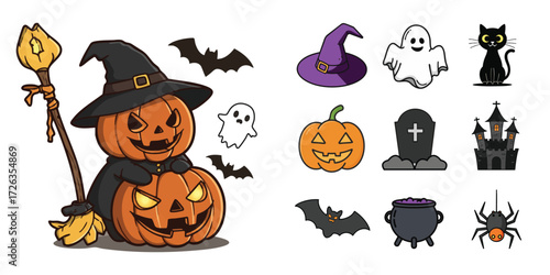 Cute Halloween vector set with pumpkins, witch hat, ghosts, black cat, bats, castle, cauldron, spider and grave icons in fun cartoon style.