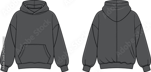 Black hoodie vector illustration, front and back view, casual streetwear design, fashion apparel template, blank sweatshirt mockup, clothing design illustration