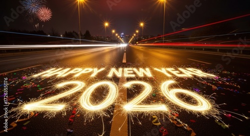 Celebrate the 2026 New Year with sparklers and fireworks on the open road at night.