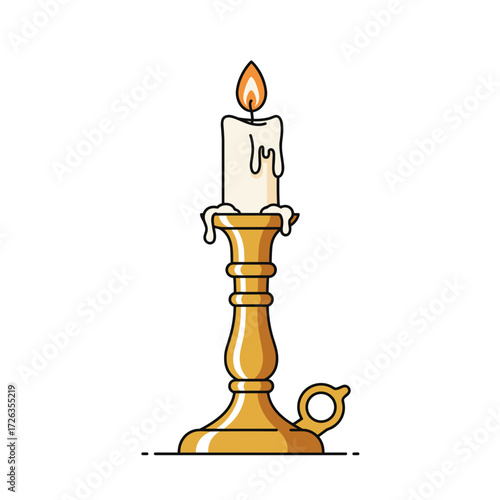 Golden candlestick with dripping wax and lit candle, cozy and warm, flat vector illustration on white background