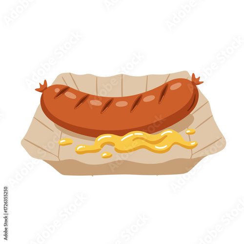 Grilled bratwurst sausage on crinkled paper plate with mustard, street food and casual, flat vector illustration on white background