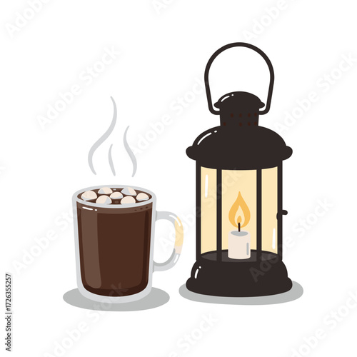 Hot cocoa and candle-style lantern, peaceful and cozy, flat vector illustration on white background