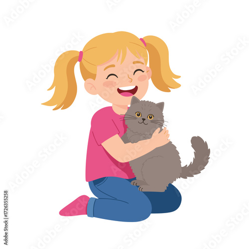 Happy kid embracing small shelter cat, compassionate and joyful, flat vector illustration of pet adoption on white background