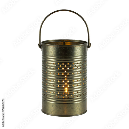 Vintage lantern from a tin can with a cut-out pattern on a transparent background isolate