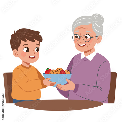 Child passing bowl to grandparent, warm and caring, flat vector illustration of intergenerational connection at home