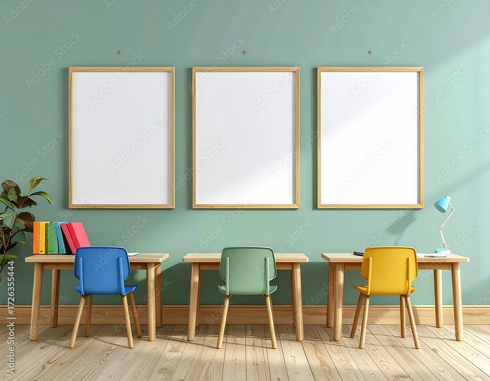 Fototapeta premium Bright and Minimalist Workspace with Three Empty Frames and Chairs