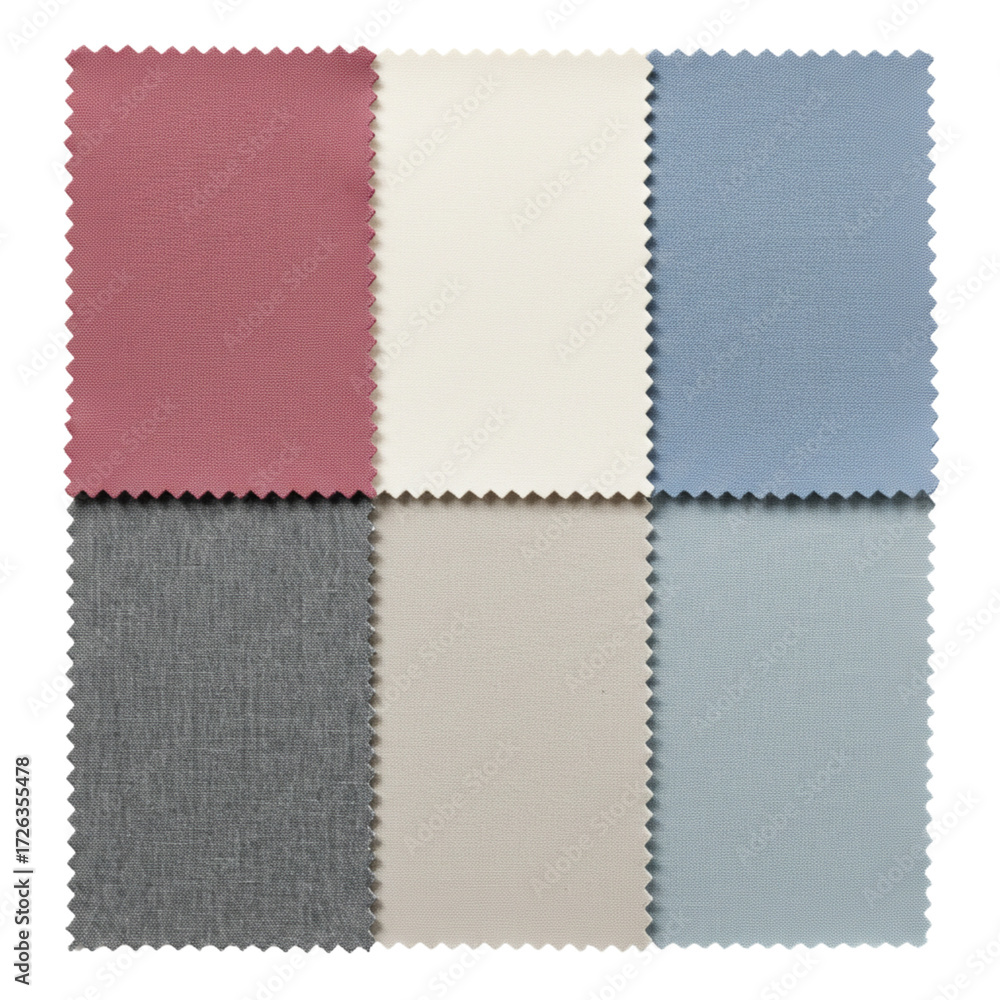Fototapeta premium Various pastel-colored fabric samples arranged in a grid on a transparent background isolate