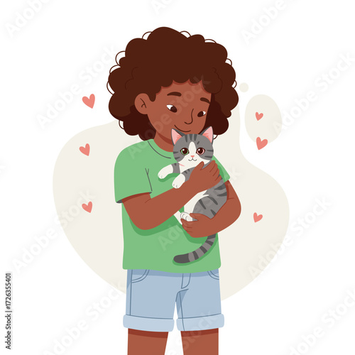 Child gently hugging rescued kitten, loving and compassionate, flat vector illustration of animal shelter scene on white background
