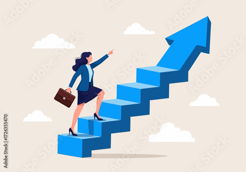 An ambitious businesswoman confidently climbs a staircase shaped like a rising arrow, symbolizing her journey towards career growth and success.