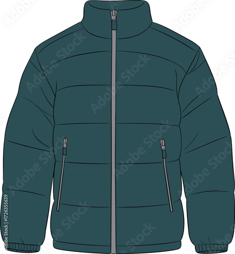 Dark teal blue puffer jacket flat lay illustration, unisex design, warm winter outdoor clothing, front view, full zipper, realistic hand-drawn vector art.