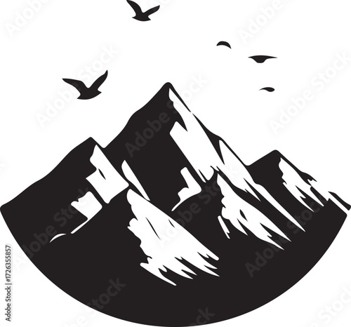 Vector art of majestic mountain range silhouette with birds flying over the peak

