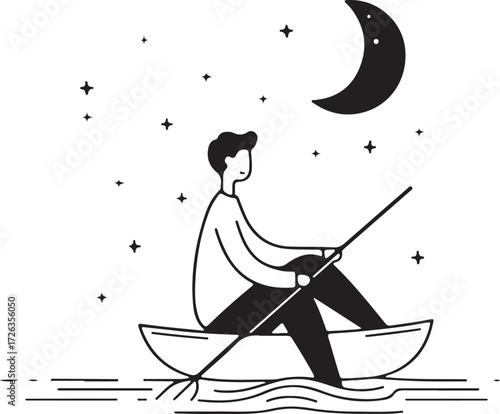 Vector art of man rowing boat under the moonlight, surrounded by stars
