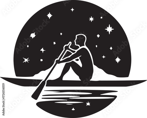 Vector art of silhouette of a person kayaking under the stars
