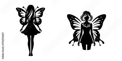 Modern Minimalist Girl Wearing Butterfly Wings Icon, Flat Silhouette of a Half Body Child in Costume Vector for Fantasy Illustration Design