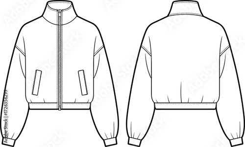Bomber jacket flat sketch, CAD technical drawing, vector fashion illustration, unisex outerwear design, apparel template, clothing pattern, fashion design sketch