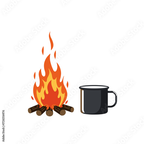 Enamel cup near glowing campfire, cozy and warm, flat vector illustration of outdoor scene close-up on white background