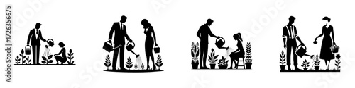 Modern Minimalist Woman Watering Plants with Husband Icon, Flat Silhouette of Couple Gardening Together Vector for Lifestyle Illustration Design