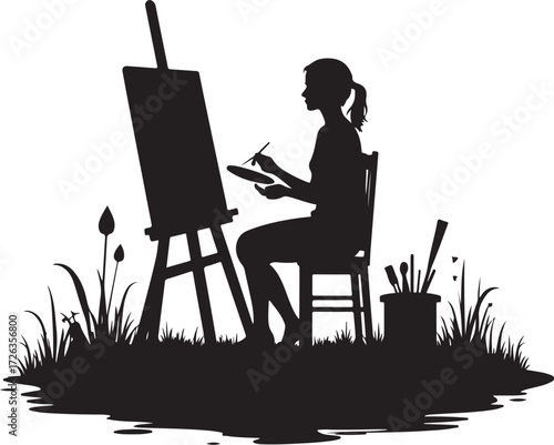 Woman painting on easel in grassy outdoor silhouette