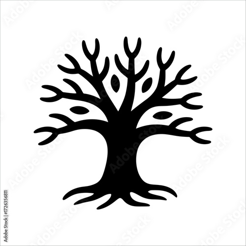 Minimalist tree silhouette illustration, abstract nature art, elegant botanical design with roots