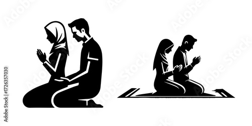 Modern Minimalist Woman Praying with Husband at Home Icon, Flat Silhouette of Couple in Devotion Vector for Lifestyle Illustration Design