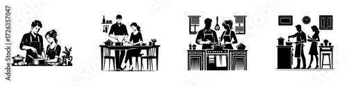 Modern Minimalist Woman Cooking with Husband in Kitchen Icon, Flat Silhouette of Couple Preparing Meal Together Vector for Lifestyle Illustration Design